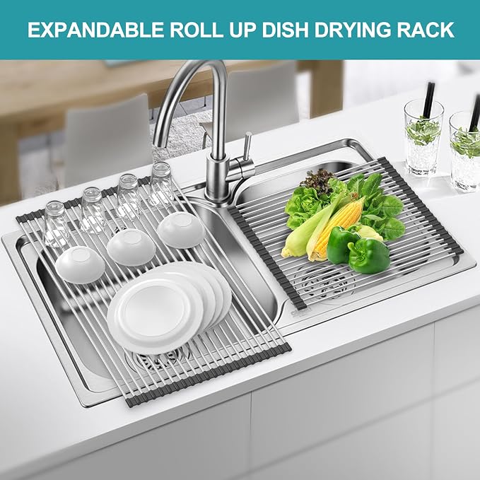 BBXTYLY Extra Large Expandable Roll Up Dish Drying Rack,Over The Sink Drying Rack Sink Cover Kitchen Sink Accessories Kitchen Rolling up Stainless Steel Drainer, Foldable,Rollable（Black，22.8''-17.3''）