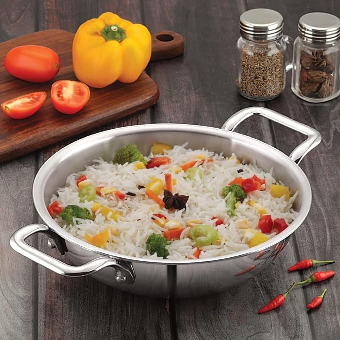 Vinod Platinum Triply Kadai, Extra Deep, 22cm, Induction, for Home Kitchen | Stainless Steel Wok For Sauces, Stews And Soups; Electric Stove Compatible, Durable Tri-Ply Base