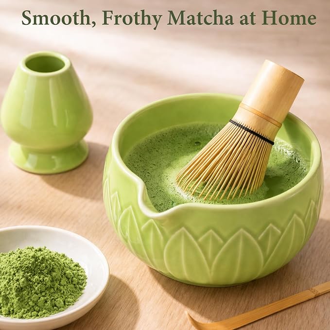 Matcha Whisk Set, Ceramic Matcha Set Includes Bowl & Holder, Bamboo Whisk (Chasen), Scoop, Spoon and Sifter, 6Pcs Matcha Kit Covers Everything Needed for Making Matcha (Leaf Green)