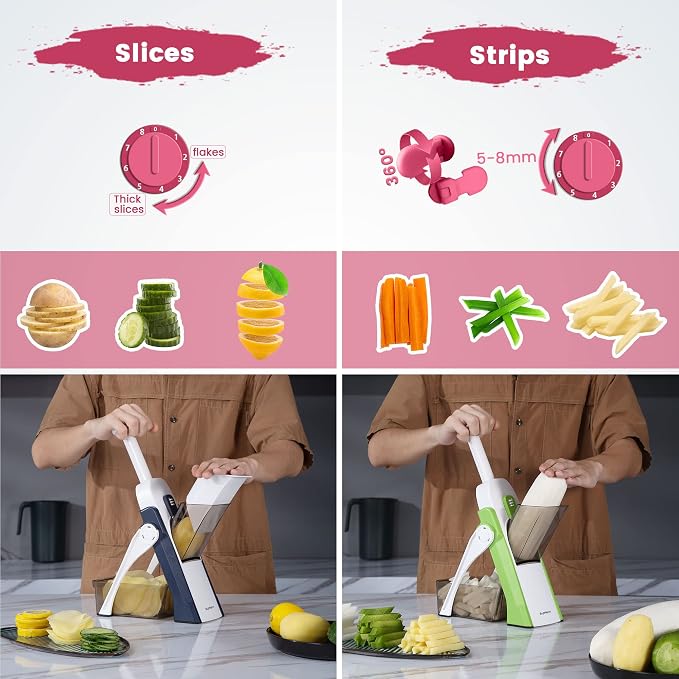 SupMaKin Safe Mandoline Slicer for Kitchen, Vegetable Food Potato Chip Slicer Maual Adjustable Thickness, Chopping Artifact Fast Veggie Salad Chopper Cook Meal Prep | 4 Modes Slice, Strips,Julienne Dicer,Vegetables Slicer Fry Food Cutter,Stainless Stee...