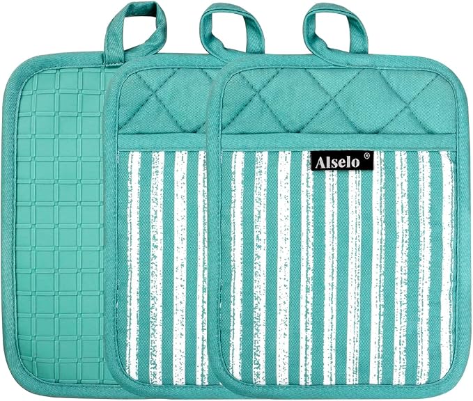 Alselo Silicone Pot Holders Set of 3 Heat Resistant & Non Slip Potholders | Professional Oven Hot Pads with Pockets Mitts for Kitchen Cooking Baking Barbecue (Green, 3)