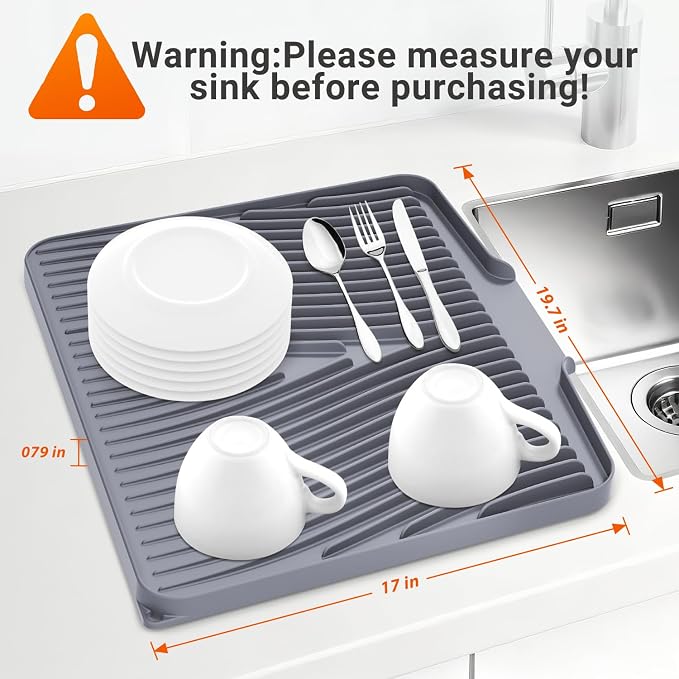 Silicone Dish Drying Mat for Kitchen counter | 19.7"x17" Dish Drainer Mat,Heat-Resistant Kitchen Counter Mat & Over-Sink Drying Tray,Can Be Hung, Grey