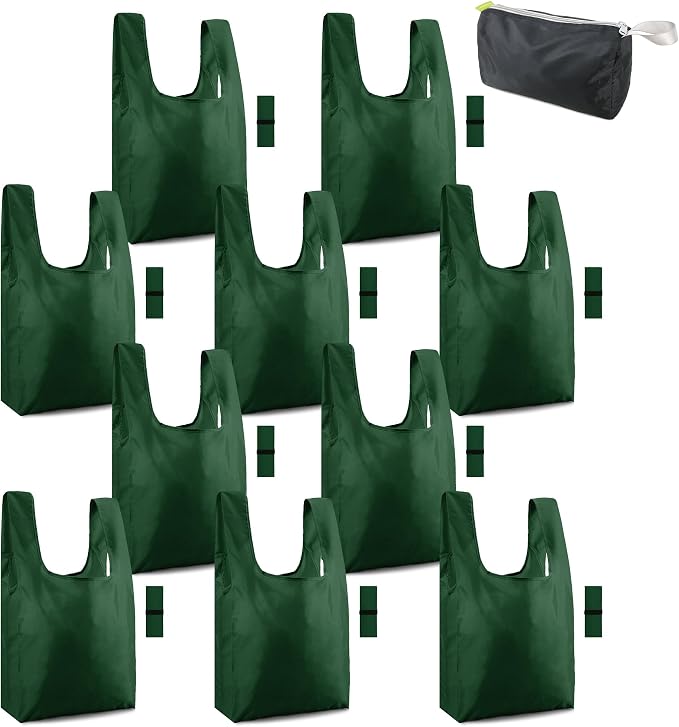BeeGreen Christmas Green Reusable Grocery Bags with Zipper Storage Pouch 10 Packs Dark Green Reusable Shopping Bags Bulk Foldable-Machine Washable