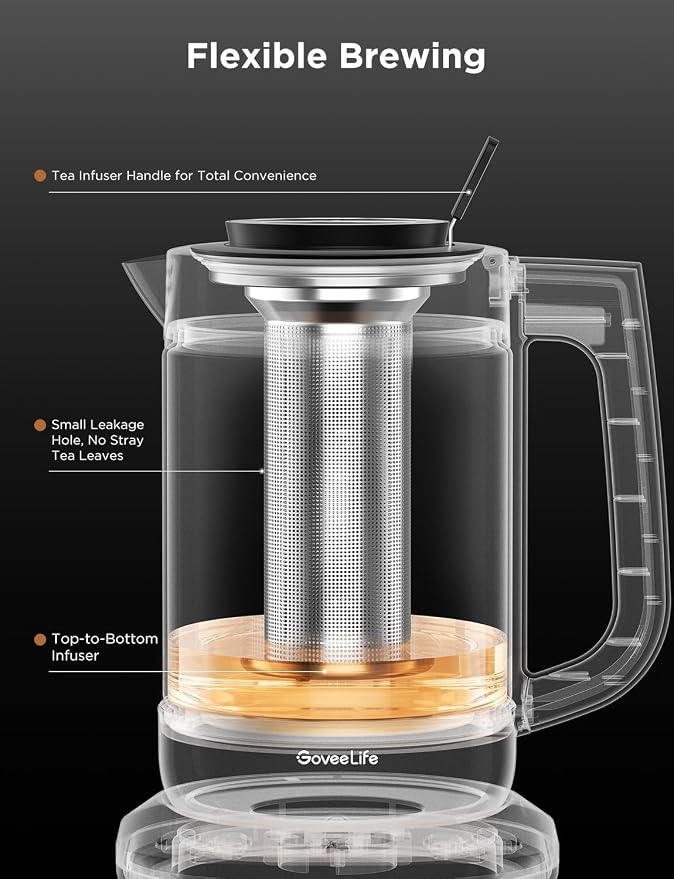 GoveeLife Smart Electric Kettle with Tea Infuser for Loose Leaf, 1.7 L Electric Tea Kettle with Brewing Program, Variable Temperature Control, 2 H Keep Warm & Auto Shut-Off, BPA Free. Black | Electric Tea Kettle with Brewing Program, Variable Temperatu...