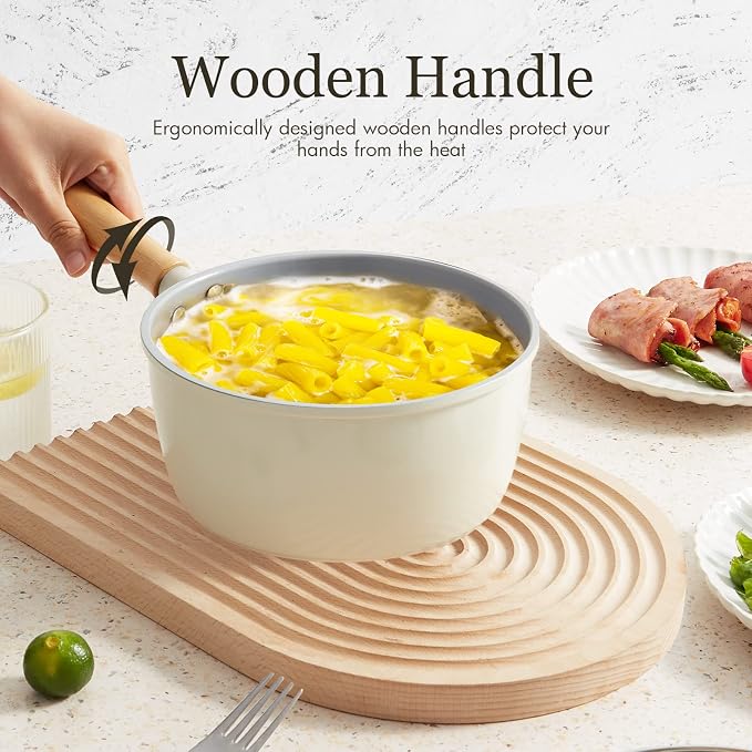 ROCKURWOK Ceramic Nonstick Sauce Pan, 3 QT Pot with Steamer, Non Toxic & PFAS-Free, Wooden Handle for Cool Touch, Universal Base(Gas, Electric & Induction), White