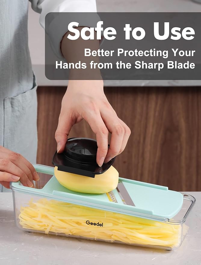 Geedel Professional Mandoline Slicer for Kitchen, Multi Purpose Vegetable Slicer Cutter, Vegetable Cutter Onion Cutter for Veggie Fruit Cheese | Slice, Shred & Julienne, Sharp Stainless Steel Blades, Dishwasher Safe, No BPA, Safety Hand Guard, For Vegg...