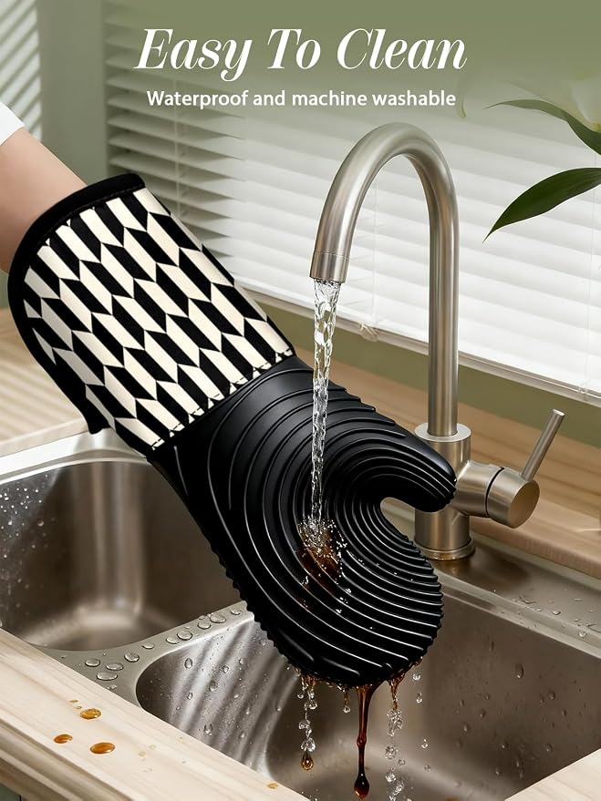 Slohif Long Silicone Oven Mitts Heat Resistant for Women - 2 Pcs Black-White Geometric 100% Cotton Oven Gloves, Non-Slip and Waterproof Silicone Oven Mitts with Hanger for Baking and Cooking