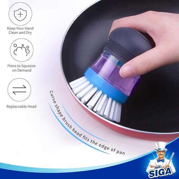 MR.SIGA Soap Dispensing Palm Brush, 2 Pack, Navy/Blue | Dish brush with soap dispenser, palm scrubber, palm scrub brush, ideal for kitchen and dishes cleaning