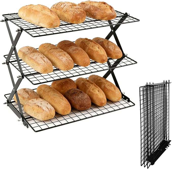 3 Tier Collapsible Cooling Rack Sourdough Cooling Rack 17"x10" | Cooling Racks for Cooking and Baking, Roasting, Grilling, Adjustable 6 Setting Design stackable, Oven & Dishwasher Safe