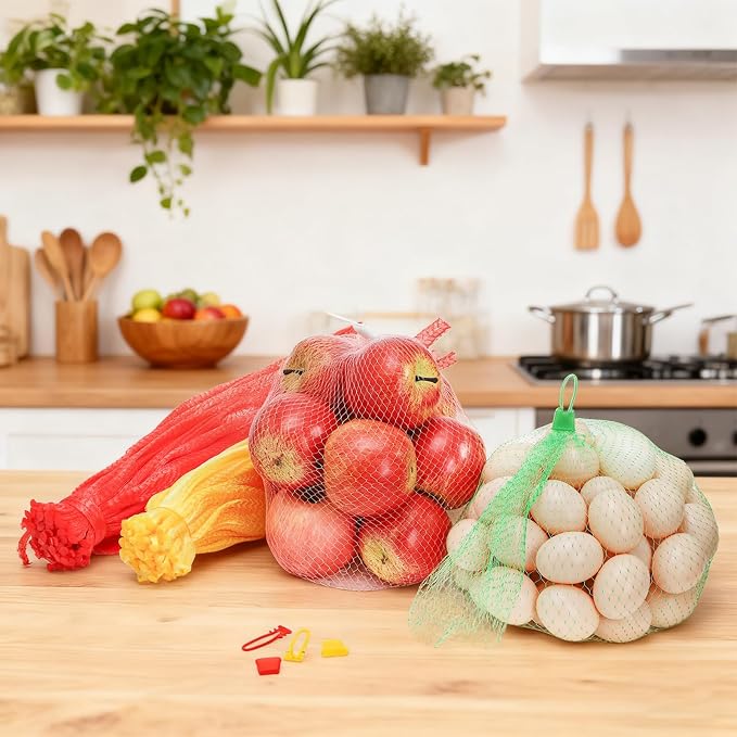 Hedume 400 Pcs Mesh Nylon Netting with Loop Style Closures, 13.8-23.6 Inch 4 Sizes Reusable Produce Mesh Bags, Expandable Plastic Produce Bags for Fruit, Seafood, Crab, Garlic, Egg