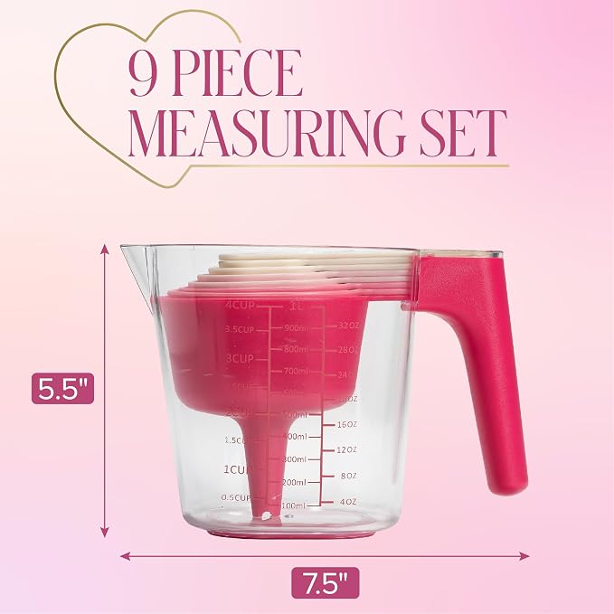 Paris Hilton 9-Piece Measuring Set, Durable Plastic Measuring Cups and Spoons With Funnel and Leveler, Dishwasher Safe, Pink