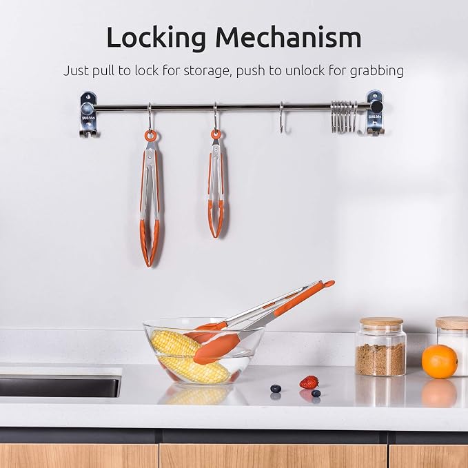 U-Taste Kitchen Tongs for Cooking, 600ºF Heat-Resistant Tps, 3Pcs/Orange | Silicone Tong Set 7/9/12in, Salad/Grill/BBQ Plastic Tongs for Food Serving, Rubber Thong with 18/8 Stainless Steel Handle