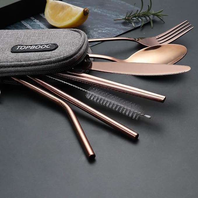 Portable Stainless Steel Flatware Set, Travel Camping Cutlery Set, Portable Utensil Travel Silverware Dinnerware Set with a Waterproof Case (Rose God)