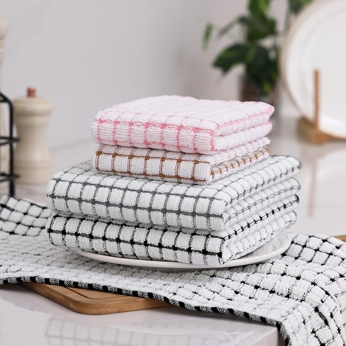 Homaxy Kitchen Towels and Dishcloths Set, Set of 8, Black/Grey/Pink/Brown | Cotton Terry Kitchen Dish Towels, Super Soft and Absorbent Dish Cloths, 16 x 25 and 12 x 12 Inches