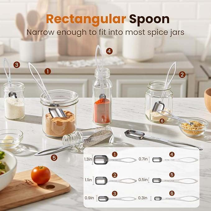 6PCS Narrow Measuring Spoons Set, Stainless Steel Measuring Spoon Fits in Spice Jars, Metal Teaspoon Measuring Spoons, Rectangular Tablespoon, Long Measuring Spoons for Dry & Liquid Ingredients