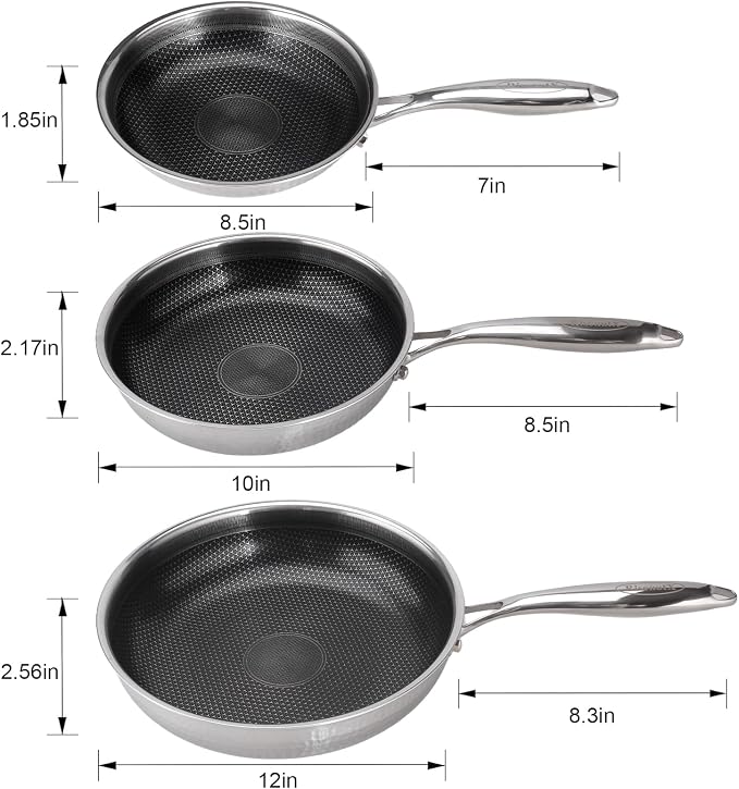 Hybrid 8 10 12 inch Stainless Steel Non Stick Skillet set | PFOA Free, Induction Compatible, Fast & Even Heat, Dishwasher & Oven Safe (500F)