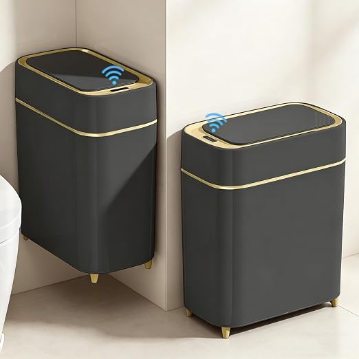 LALASTAR 2-Pack Bathroom Trash Can with Lid, Slim Motion Sensor Trash Can, Small Automatic Garbage Can Touchless, Waterproof Trash Bin for Bedroom, Office, Living Room, 2.3 Gal, Black with Gold Trim