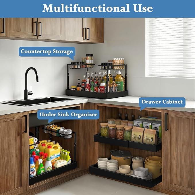 Aisslro Under Sink Organizer, 2 Tier Pull Out Cabinet Organizer, Expandable & Adjustable Slide Out Shelf 17.9''–29.5'', Under Sink Storage for Kitchen Bathroom Laundry Cabinet Storage, Black
