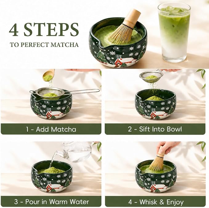 Matcha Whisk Set, Ceramic Matcha Set Includes Bowl & Holder, Bamboo Whisk (Chasen), Scoop, Spoon and Sifter, 6Pcs Matcha Kit Covers Everything Needed for Making Matcha
