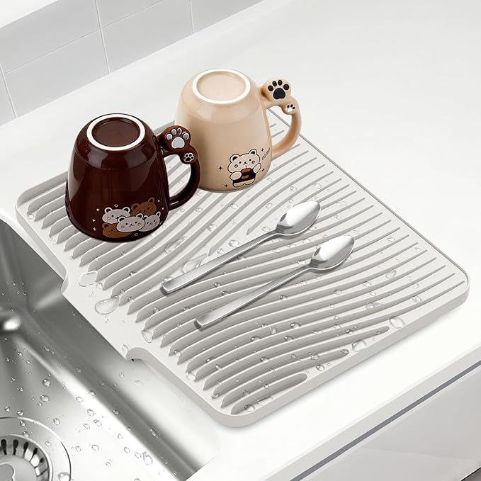 Silicone Dish Drying Mat for Kitchen counter | 15.8"x13" Dish Drainer Mat,Heat-Resistant Kitchen Counter Mat & Over-Sink Drying Tray,Can Be Hung, Cream
