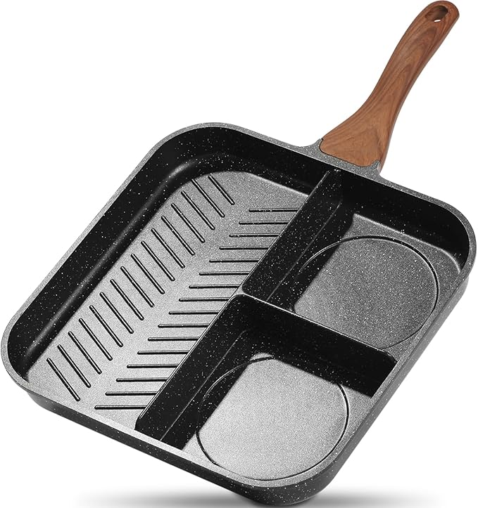ESLITE LIFE Nonstick Divided Grill Pan for Stove Tops, 11 Inch Versatile 3-In-1 Breakfast Pan, Square Big Grilling Steak Pan for Indoor & Outdoor Cooking, PTFE & PFOA Free, Black