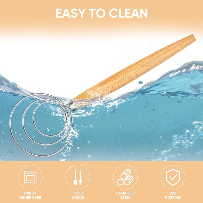 Maxjoy Danish Dough Whisk, Stainless Steel Wooden Bread Tool for Sourdough | Wooden Handle Dutch Dough Hook, Replaces Mixer and Spoon for Sourdough Pastry Pizza, Food Safe, Rust Resistant, Easy Clean