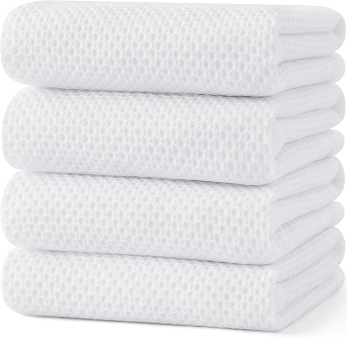 Kitinjoy 100% Cotton Waffle 4-Pack Kitchen Towels, 20" x 28", White | Super Soft, Ultra-Absorbent, Fast Drying, lightweight, Quick Drying Kitchen Hand Towels
