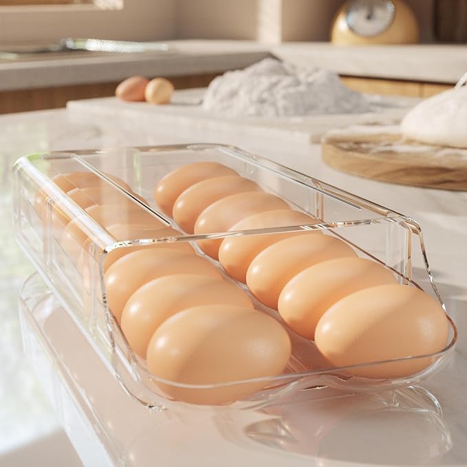 theaoo Egg Holder for Fridge, Automatic Rolling Egg Container, Clear, 1Pack | Quick Removable Inner Tray For Easy Egg Loading. Stackable Egg Dispenser For Refrigerator Storage and Organization
