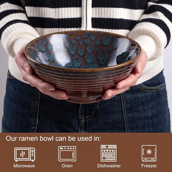 Ceramic Japanese Ramen Bowl Set, 2 Sets Asian Pho Udon Soup Noodle Bowls with Spoons and Chopsticks (Peacock Green, 8 inches)