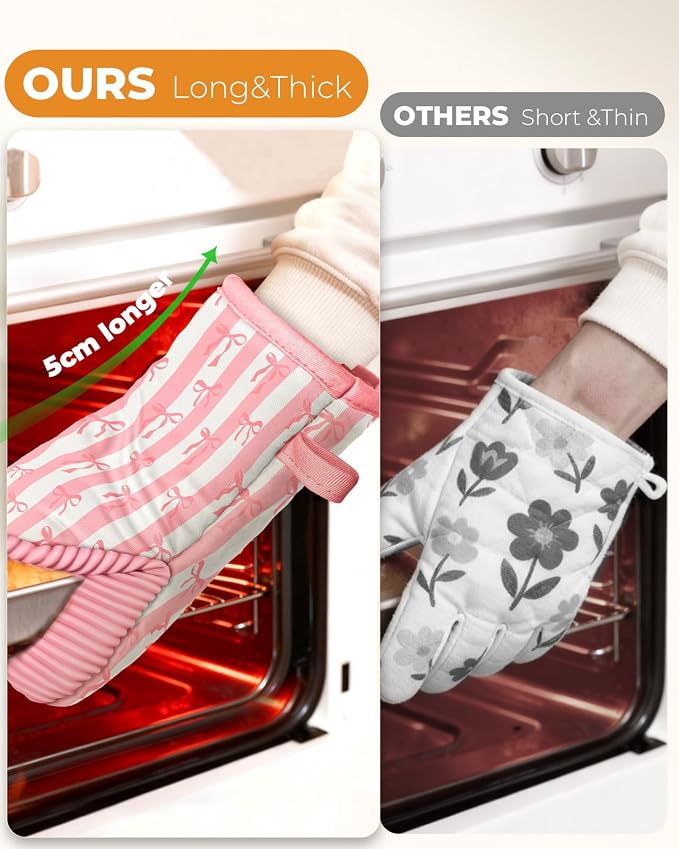 100% Thick Cotton Oven Mitts Ribbed Soft Silicone Cute Pink Bow | Aesthetic Oven Mitts for Women, Machine Washable Non-Slip Kitchen Mitts, Reversible for Both Hands, Stylish Kitchen Decor