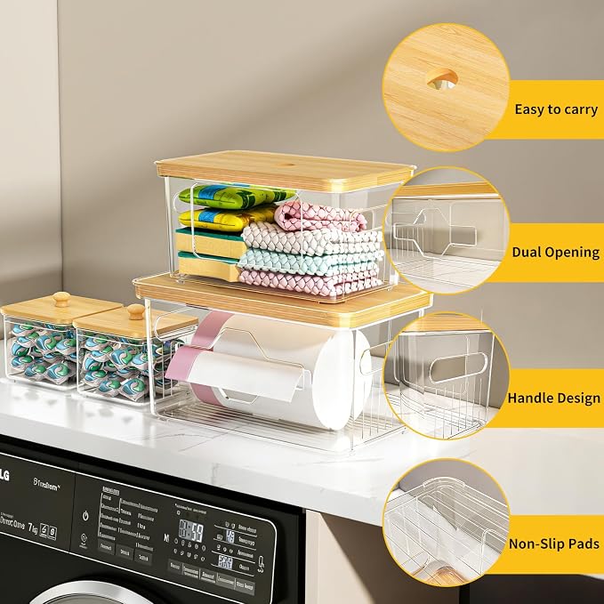 FELIZHOUSE 4 Pack Trash Bag Holder with Bamboo Lid, Stackable Garbage Bag Dispenser Under Sink, Storage Organizer for Kitchen, Laundry, Pantry (S+S+M+L)