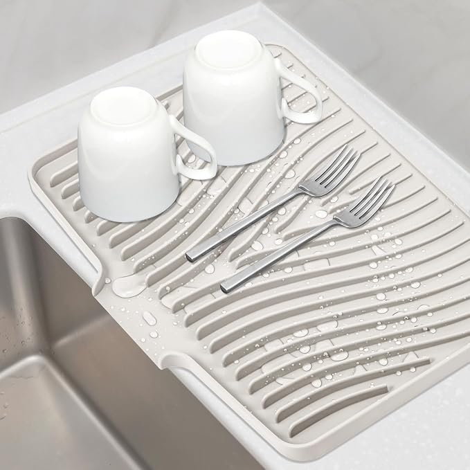 TIKNIK Silicone Dish Drying Mat for Kitchen Counter, Cream-1pcs, 20" x 15" | Heat Resistant & Non-Slip Dish Drain Pad with Built-In Drain, Dishwasher Safe, Quick-Dry, Hangable & Roll-Up for Storage