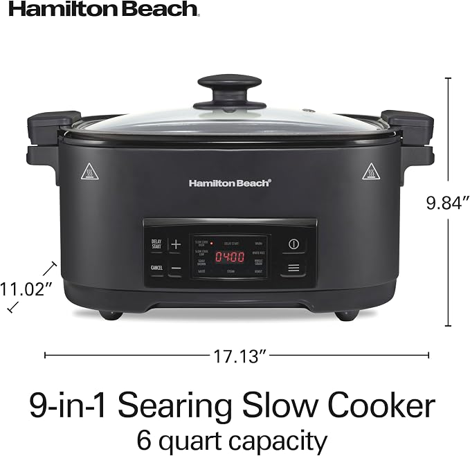 Hamilton Beach 9-in-1 6 Quart Programmable Slow Cooker | Sear, Brown, Rice, Steam, Sauté, Roast, Delay Start & Keep Warm Functions | Nonstick PFAS-Free Dishwasher Safe Crock | Black