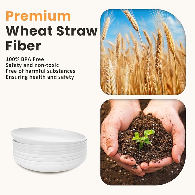 Deep Dinner Plates, Wheat Straw Plates 10 inch Set of 8, Unbreakable Plates for Kitchen, Kids, Lightweight Microwave and Dishwasher Safe Camping Plate Set for Salad, Dinner, Fruit - White