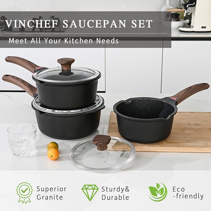 Vinchef 10PCS Sauce Pan Set with Lids, Nonstick, 2/3/4QT, Black | Includes silicone tools&pot protectors, PFAS/PFOA-free nonstick, dishwasher-safe, induction-compatible, stay-cool handles