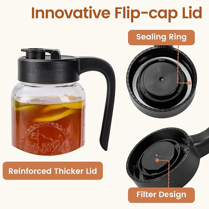 Mason Jar Pitcher with Tea Filter, 64 oz Glass Pitcher with Lid | Airtight, Leakproof, Pour Spout Lid, Ergonomic Handle, Fridge Safe, for Outside, Sun Tea, Lemonade, iced Tea