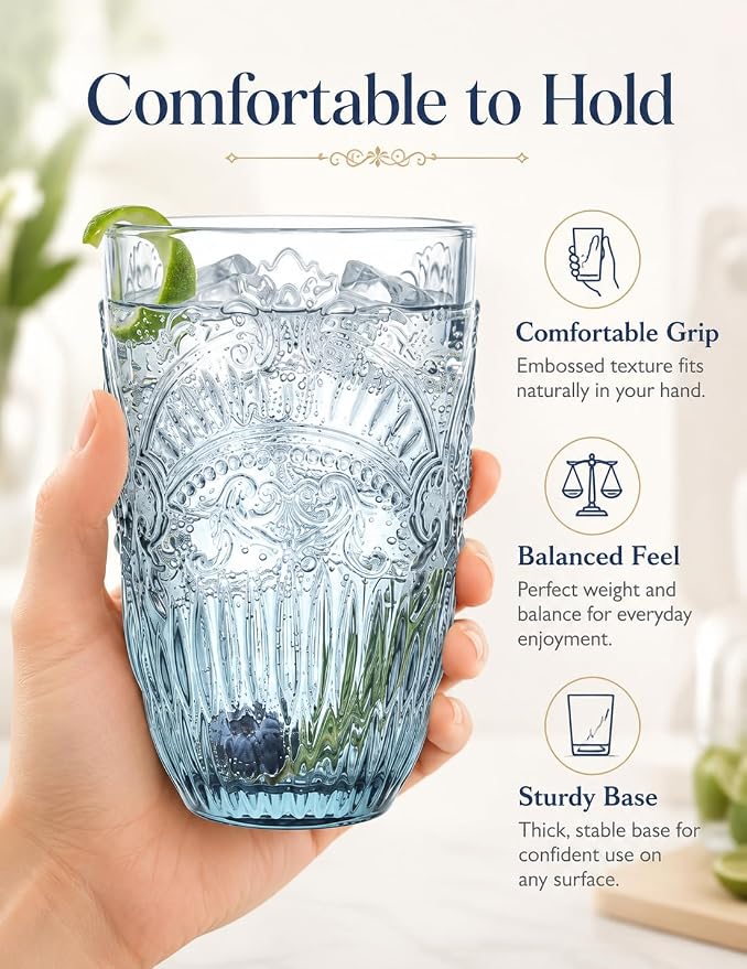 13 OZ 6 Pack Vintage Drinking Glasses Set, Colorful Textured Glass Water Tumblers Cups -Embossed Striped Glassware for Water, Cocktails, Juice, Iced Coffee, Beer(Imperial Arch style)
