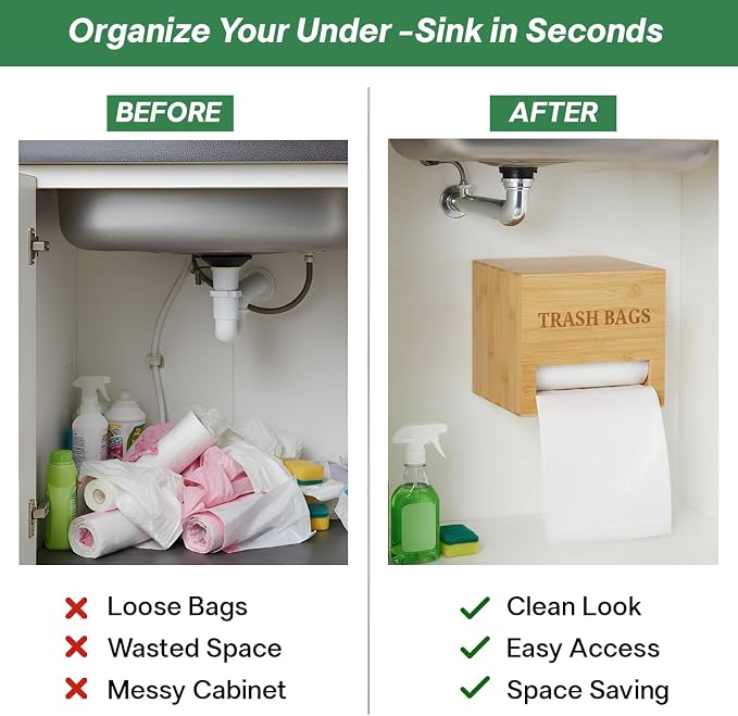 Trash bag holder dispenser | Bamboo garbage bag holder dispenser for Under Sink Storage | Wall Mount trash bag holder | Portable Hanging Organizer for Kitchen & Utility Use