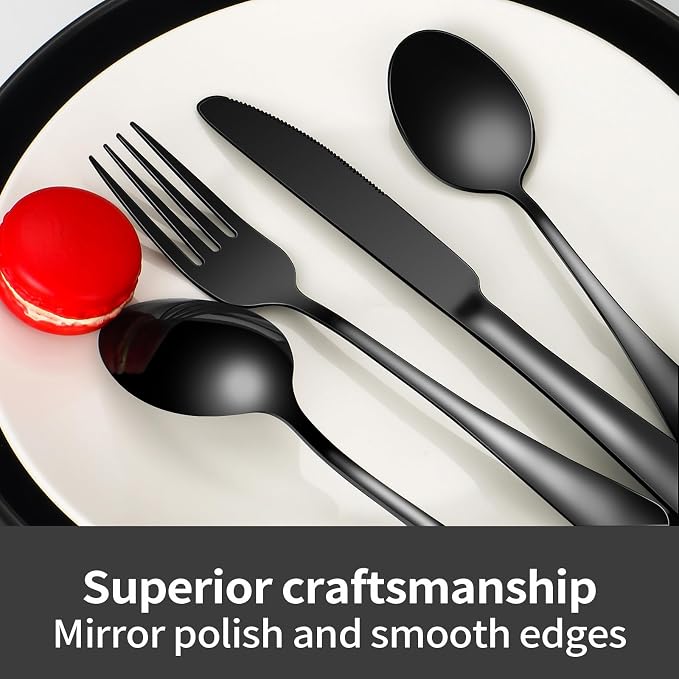 60-Piece Black Silverware Set with Steak Knives Black Stainless Steel Flatware Set for 10 Food Grade Tableware Cutlery Set Rust-proof, Mirror Polished, Dishwasher Safe