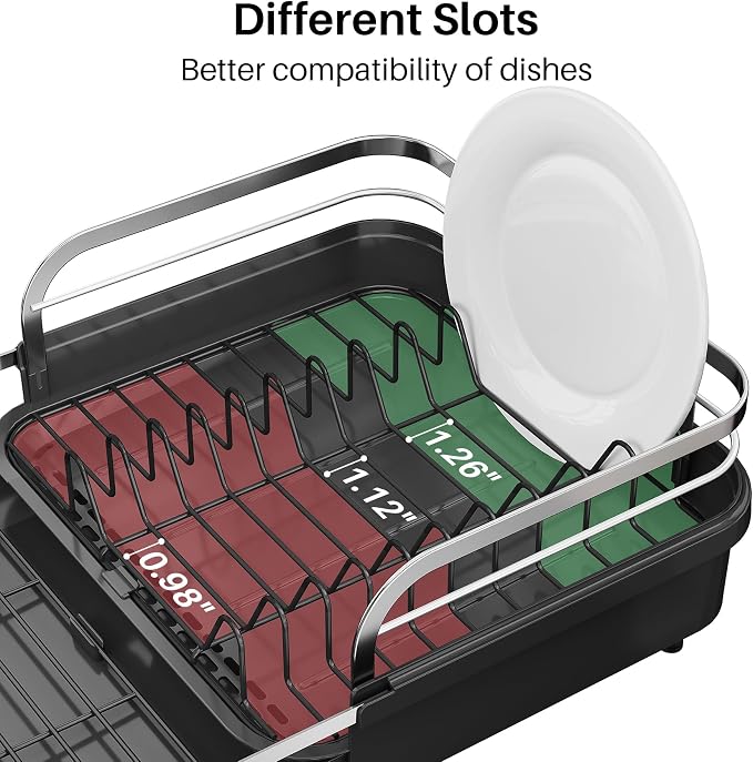 SNTD Expandable Dish Drying Rack for Kitchen Counter, 15.2-22.1 in, Black | Rust-Resistant Stainless Steel, Protective Side Rails, Self-Draining Drainboard, Removable Utensil Holder