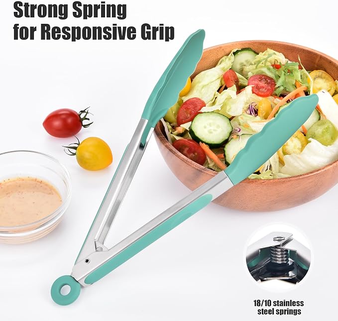 Doosu Kitchen Tongs with Silicone Tips for Cooking Serving (9+12in, Aqua) | 600°F Heat Resistant Food Tong, Heavy Duty Stainless Steel Locking Tong for BBQ, Grilling Steak, Salad, Toast, Pasta