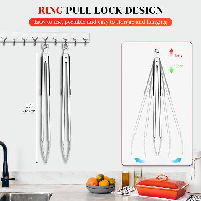 17" Extra Long Metal Tongs,Grilling Tongs,Stainless Steel Tongs for Cooking | Heat Resistant Heavy Duty Grill Tongs BBQ Tongs for Cooking, Grilling, BBQ/Barbecue, Food (17 inch)