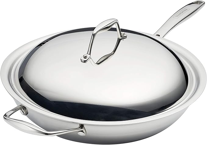 Tramontina Signature Tri-Ply Clad Stainless Steel 12.5-Inch Wok with lid | Induction-Ready, Dishwasher-Safe, NSF-Certified, Made in Brazil