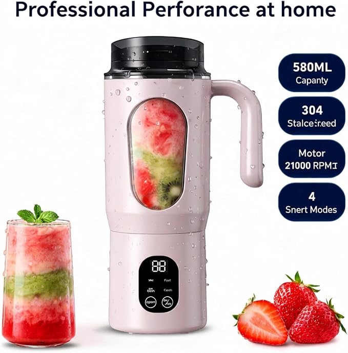 Lilogi 580ML Portable Blender with LED Display, 12-Blade USB-C Rechargeable Travel Blender with Handle & Extra Lid, Ideal for Kitchen, Office, Gym & Outdoor Sports