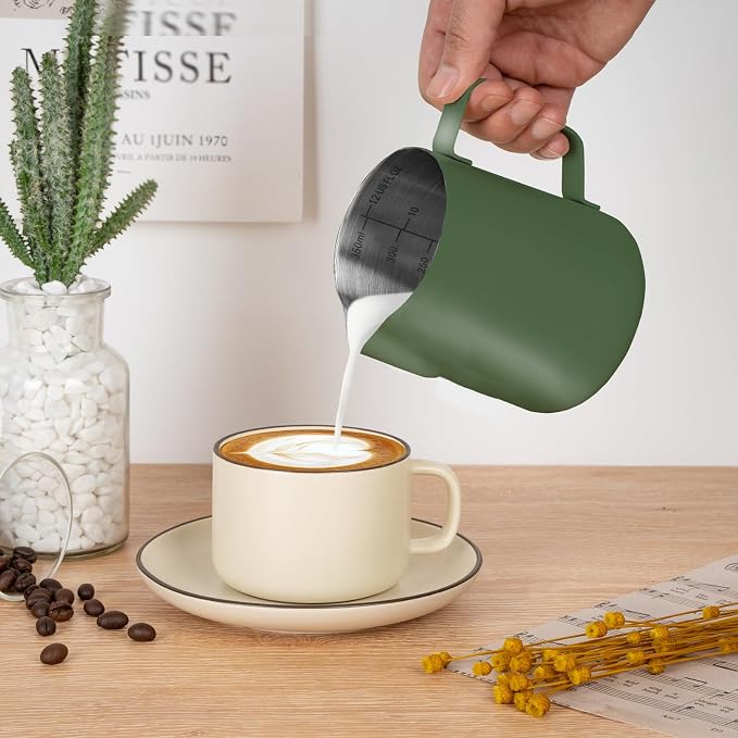 Amrules Milk Frothing Pitcher 12oz Frother Cup Barista Tools, Green | 18/8 Stainless Steel, 12oz Capacity with Clear Scale, with Decorating Pen, Ergonomic Handle, for Cappuccino, Latte & Espresso
