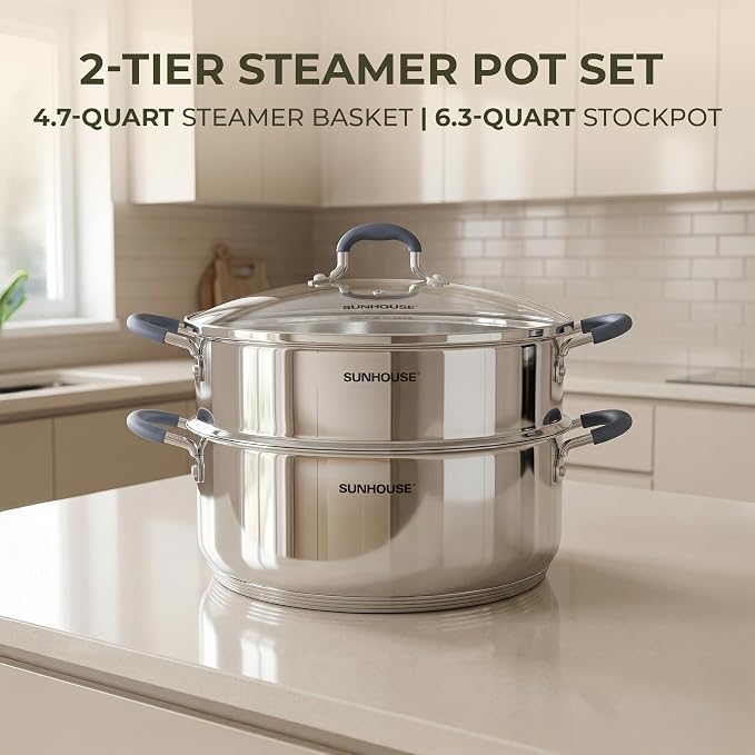 SUNHOUSE 6.3 QT Stainless Steel Steamer Pot for Cooking with Glass Lid | 2-Tier Vegetable & Dumpling Food Steamer Basket - Stovetop Ollas Vaporeras with Stay-Cool Handles - Tri-Ply Induction Base
