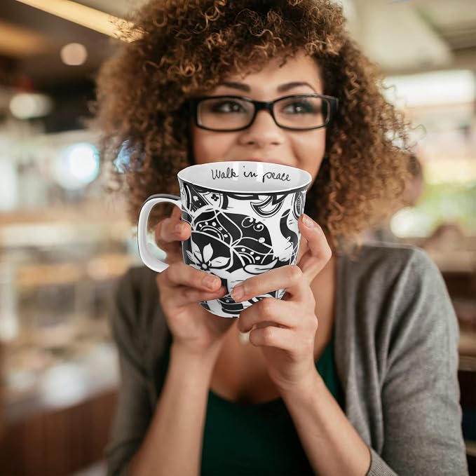 Karma Gifts 14 oz Black and White Boho Mug Elephant - Cute Coffee and Tea Mug - Ceramic Coffee Mugs for Women and Men