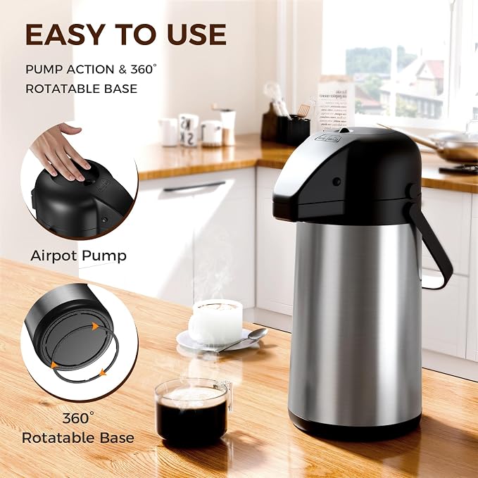 Coffee Carafe for Keeping Hot, 64OZ Airpot Coffee Dispenser with Pump | Large Thermal Coffee Urn for Hot Drinks Tea Liquid, 304 Insulated Stainless Steel Hot Water Beverage Dispenser for Parties
