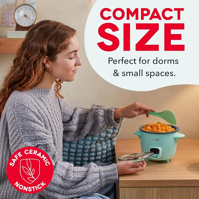 Dash Mini Rice Cooker, 2-Cup Removable Ceramic Nonstick Pot, Black | Small Rice Cooker, Rice Maker for One, Keep Warm Function, Cooks Oatmeal, Quinoa & Grains