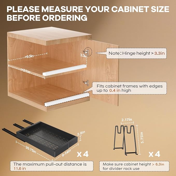 Seinloes 4 Pack Pull Out Cabinet Organizer 21" Deep with Raising Pad for Framed Cabinets, Expandable (9"-14" W) Slide Out Drawers for Kitchen Cabinets with 4pcs Divider Racks, Roll Out Shelves, Black